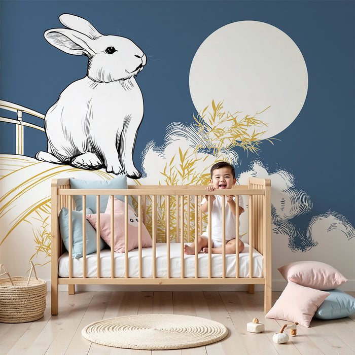 Carta da parati bambini | Coniglio carino sotto la luna con nuvole e bambù