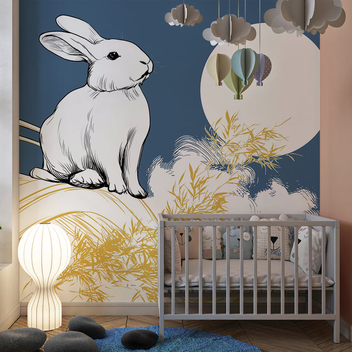 Carta da parati bambini | Coniglio carino sotto la luna con nuvole e bambù