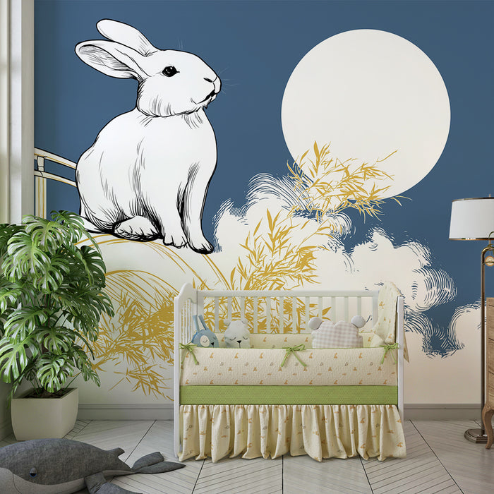 Carta da parati bambini | Coniglio carino sotto la luna con nuvole e bambù