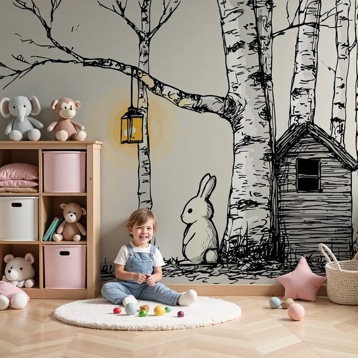 Lastenhuoneen tapetti | Söpö pupu puiden alla lyhty kädessä