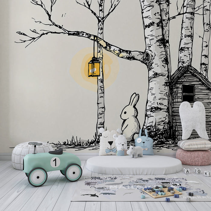 Lastenhuoneen tapetti | Söpö pupu puiden alla lyhty kädessä