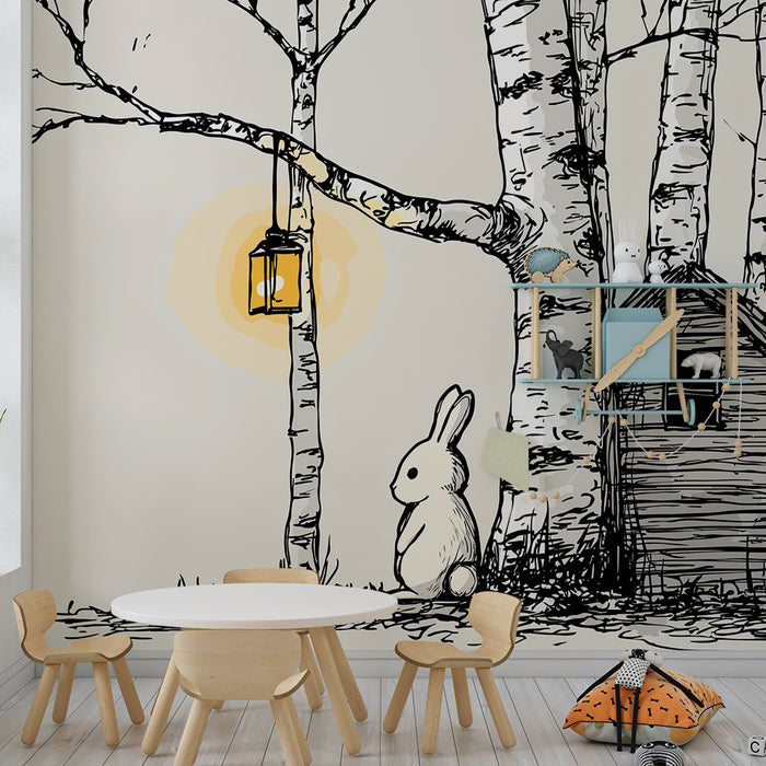 Lastenhuoneen tapetti | Söpö pupu puiden alla lyhty kädessä