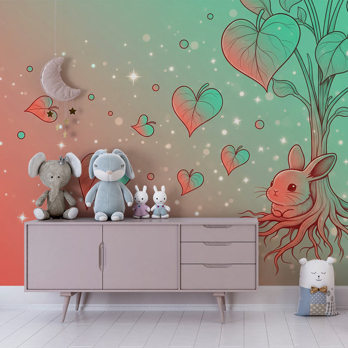 Babyzimmer Tapete | Niedliches Kaninchen unter einem Baum mit bunten Blättern