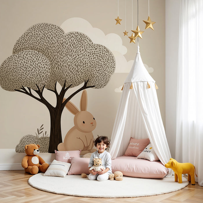 Barntapet | Söt kanin under ett träd i mjuka toner