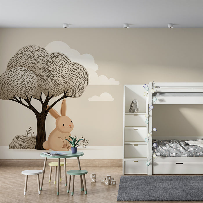 Barntapet | Söt kanin under ett träd i mjuka toner