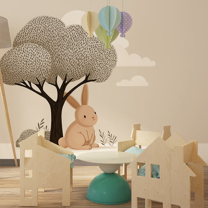 Barntapet | Söt kanin under ett träd i mjuka toner