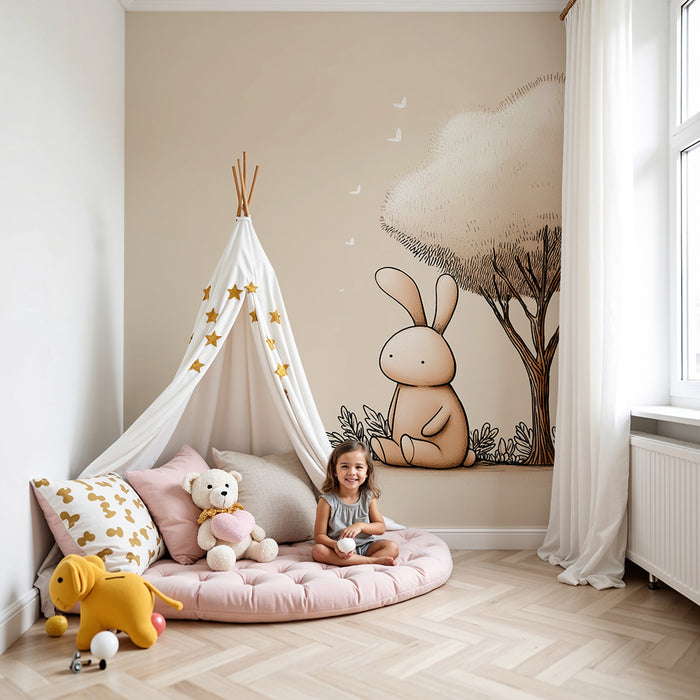 Babykamer behang | Schattig konijn onder een rustige boom