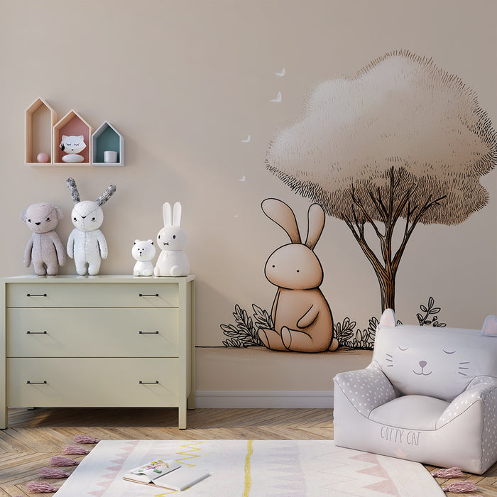 Babykamer behang | Schattig konijn onder een rustige boom