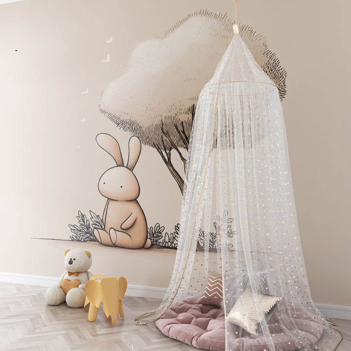 Babykamer behang | Schattig konijn onder een rustige boom
