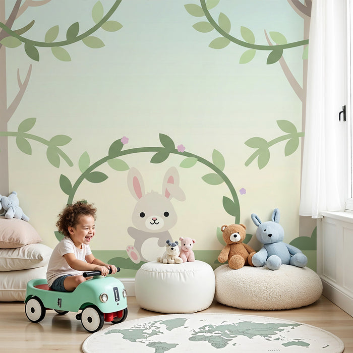 Babyzimmer Tapete | Niedliches Kaninchen unter einem grünen Bogen in einem verzauberten Wald