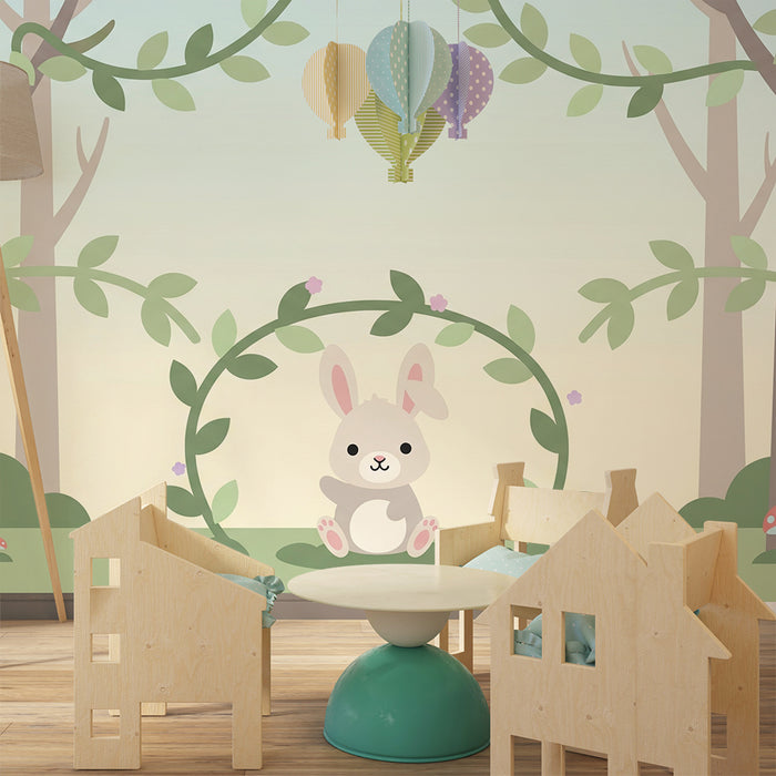 Babyzimmer Tapete | Niedliches Kaninchen unter einem grünen Bogen in einem verzauberten Wald