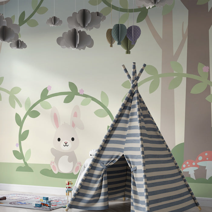 Babyzimmer Tapete | Niedliches Kaninchen unter einem grünen Bogen in einem verzauberten Wald