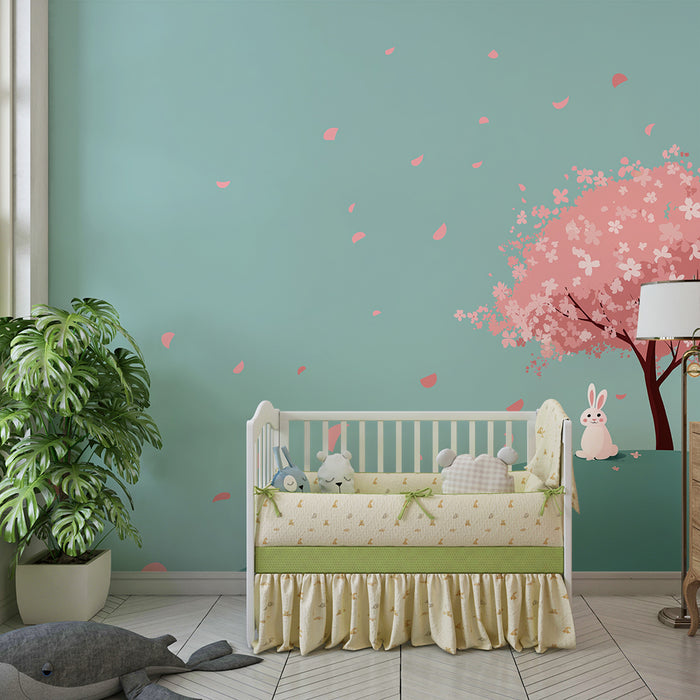 Papier peint chambre bébé | Lapin mignon sous un cerisier en fleurs