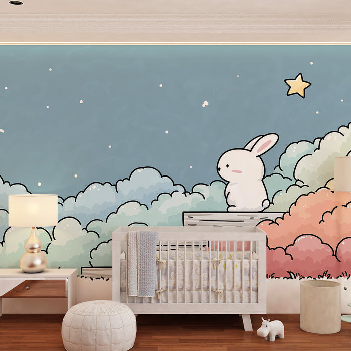 Tapéta baba szobába | Aranyos nyuszi színes felhőkön csillagok alatt