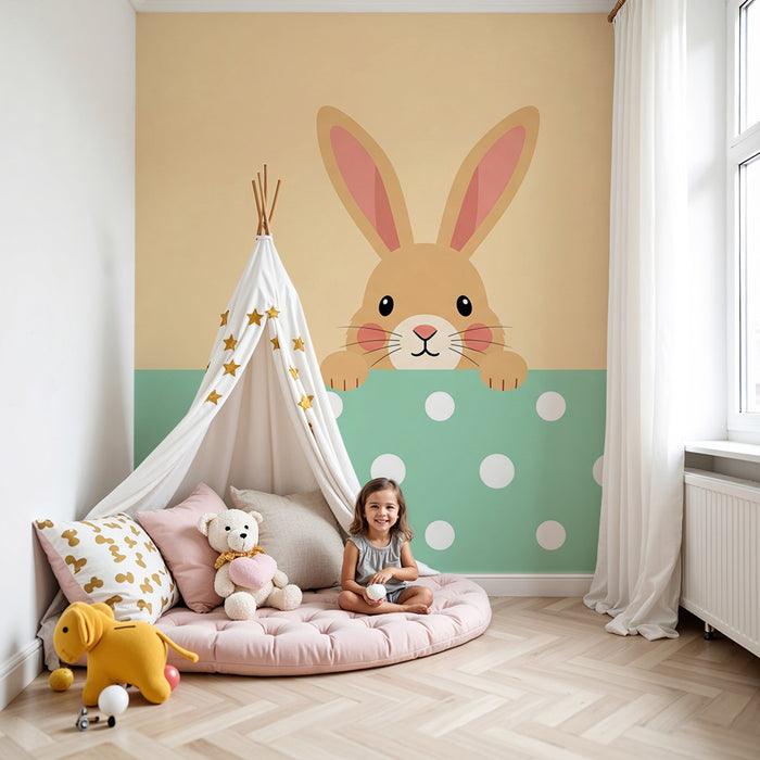 Barntapet | Söt kanin på pastellfärgad bakgrund med vita prickar