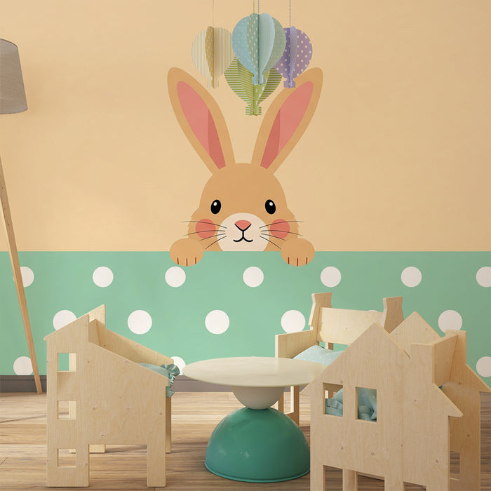 Barntapet | Söt kanin på pastellfärgad bakgrund med vita prickar