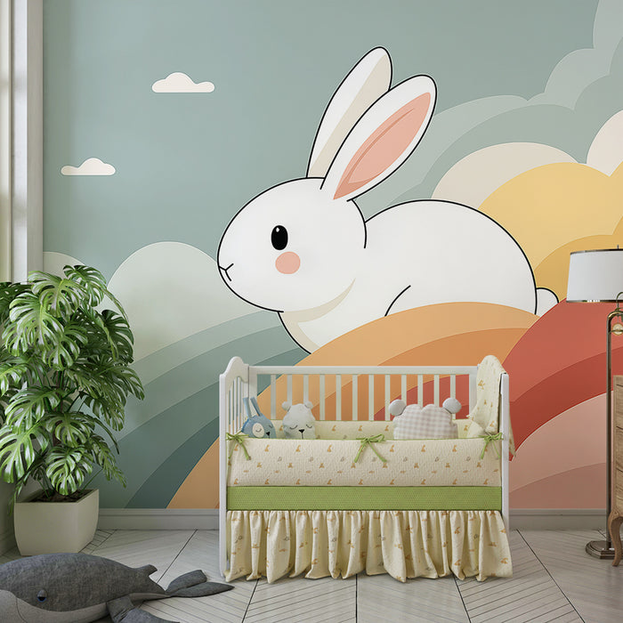 Tapet pentru camera de copii | Iepuraș drăguț pe un curcubeu pastel