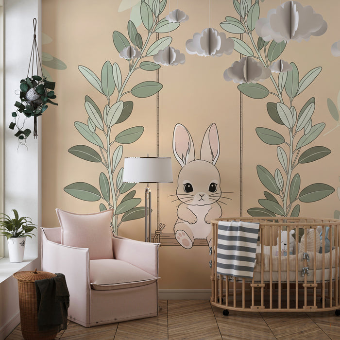 Nursery room wallpaper | Cute bunny on a swing