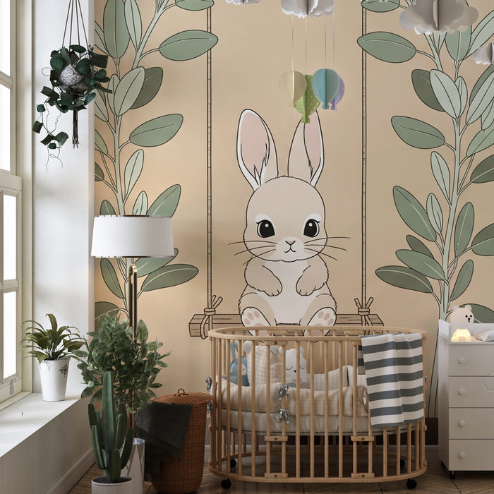 Nursery room wallpaper | Cute bunny on a swing