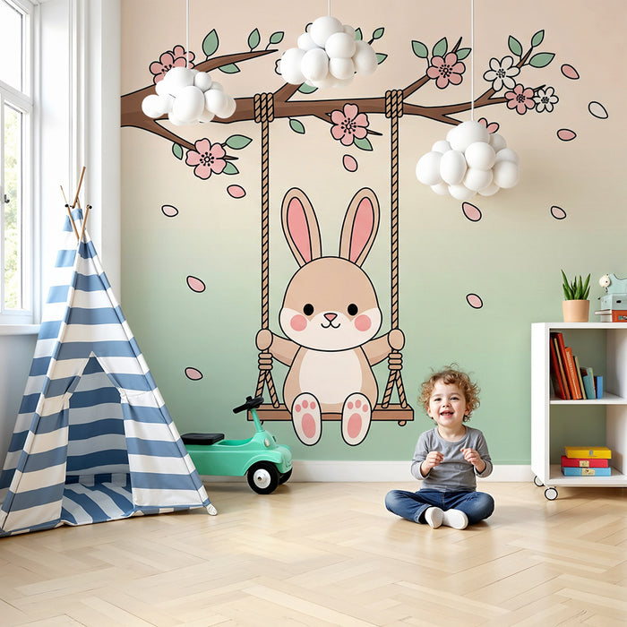 Papier peint chambre bébé | Lapin mignon sur une balançoire entouré de fleurs