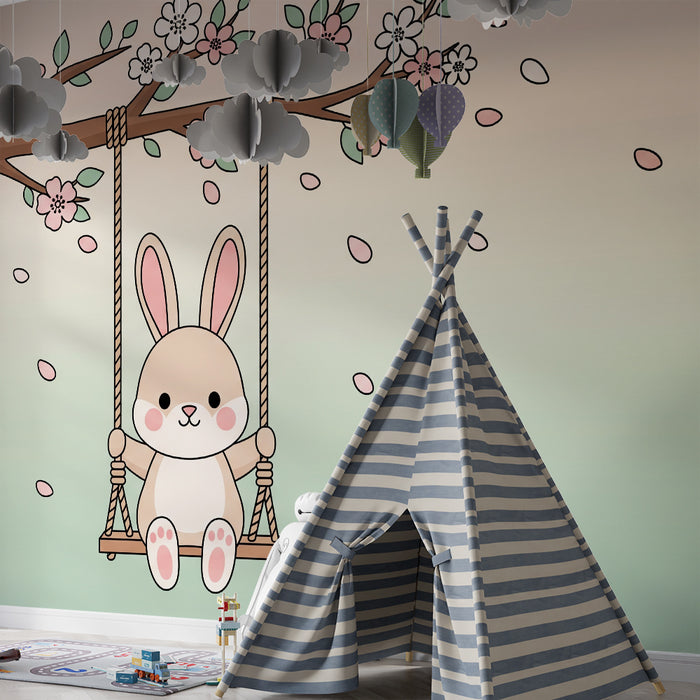 Papier peint chambre bébé | Lapin mignon sur une balançoire entouré de fleurs