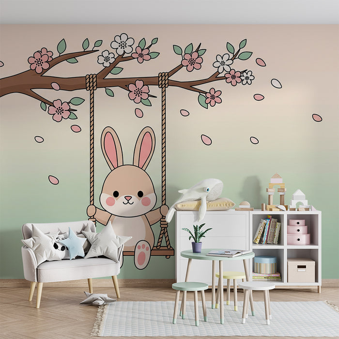Papier peint chambre bébé | Lapin mignon sur une balançoire entouré de fleurs