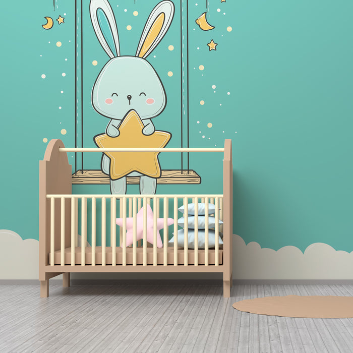 Carta da parati bambini | Coniglio carino su altalena stellata