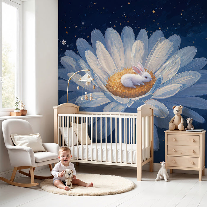 Lastenhuoneen tapetti | Söpö pupu valkoisen kukkasen alla tähtitaivaan alla