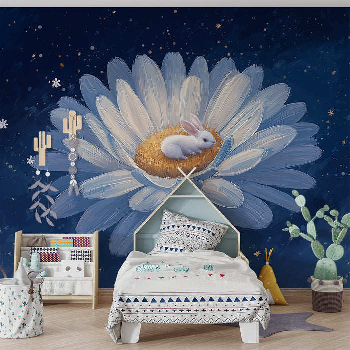 Lastenhuoneen tapetti | Söpö pupu valkoisen kukkasen alla tähtitaivaan alla