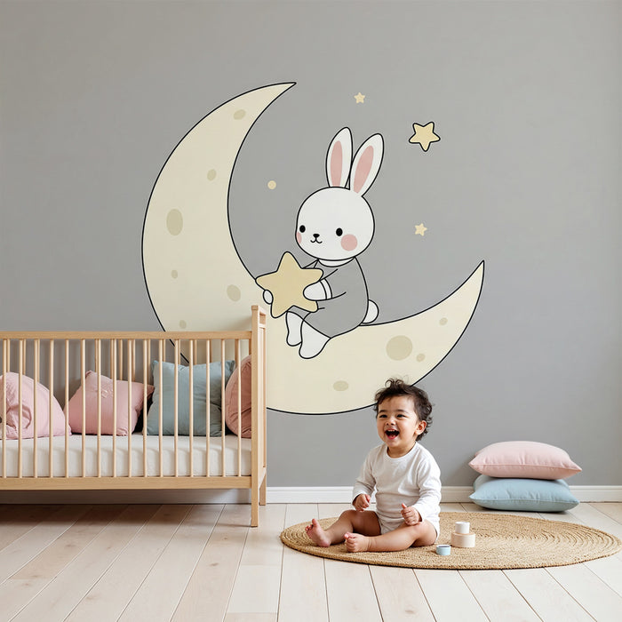 Barntapet | Söt kanin på en måne med stjärnor