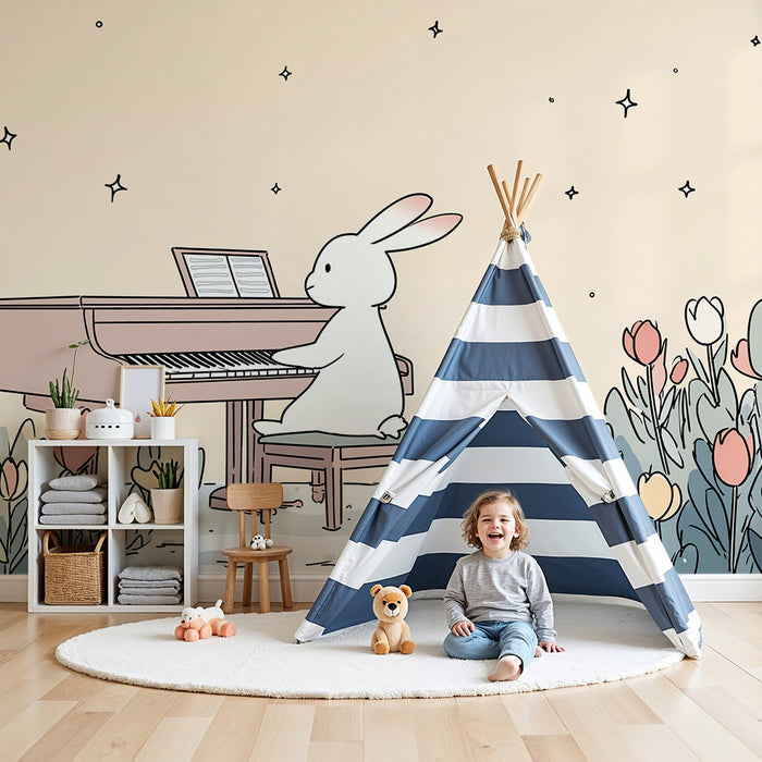 Papier peint chambre bébé | Lapin musicien au piano dans un jardin fleuri