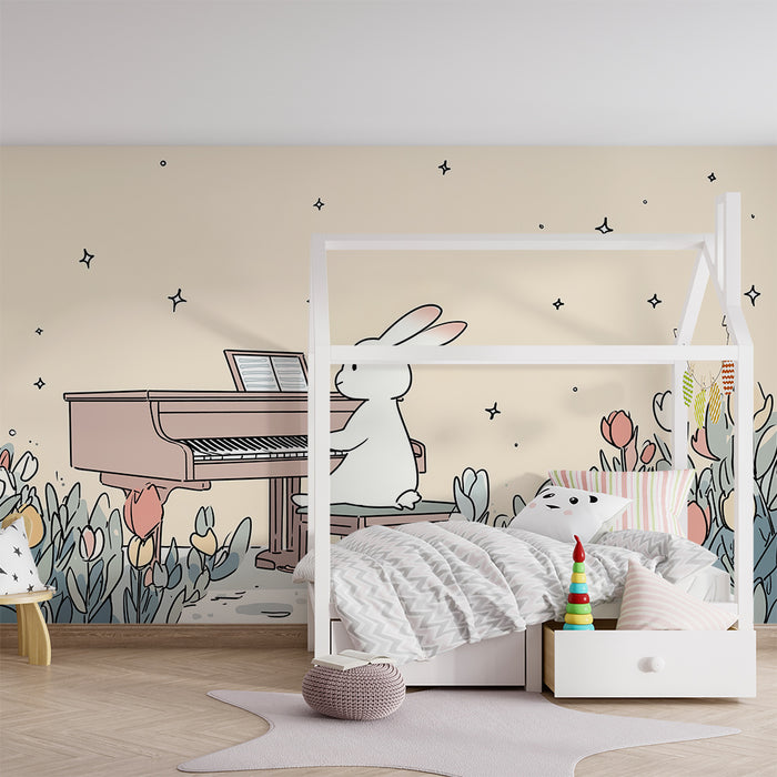 Papier peint chambre bébé | Lapin musicien au piano dans un jardin fleuri