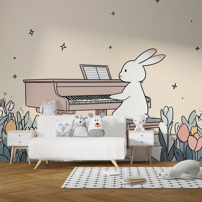 Papier peint chambre bébé | Lapin musicien au piano dans un jardin fleuri