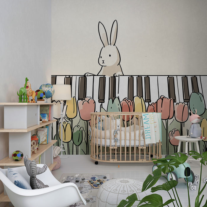 Tapeta dětského pokoje | Hudebník zajíc obklopený barevnými tulipány