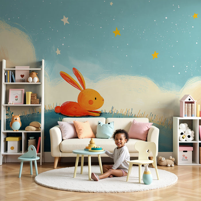Papier peint chambre bébé | Lapin orange contemplant les étoiles sous un ciel étoilé