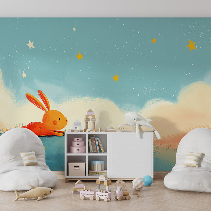 Papier peint chambre bébé | Lapin orange contemplant les étoiles sous un ciel étoilé