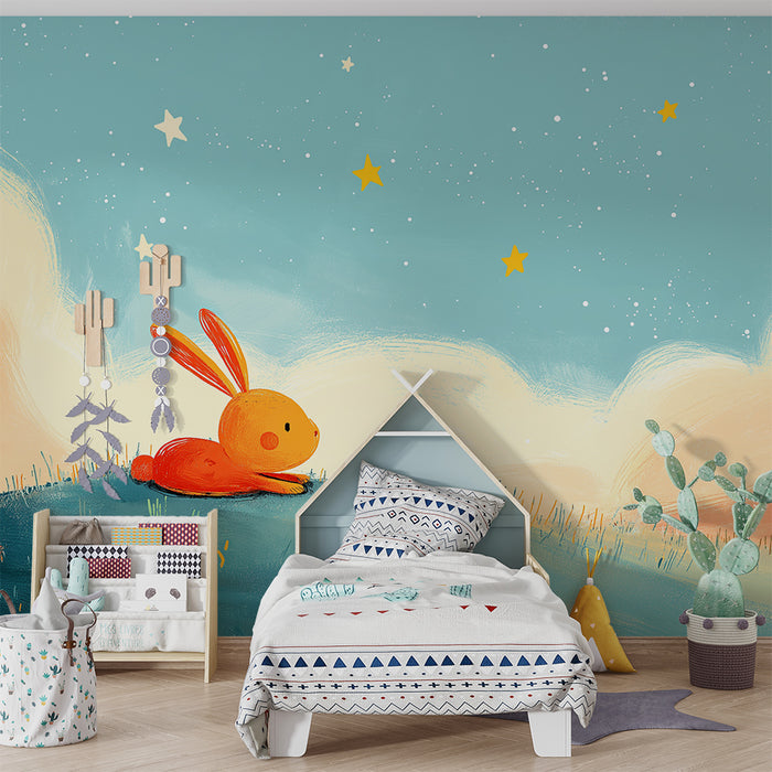 Papier peint chambre bébé | Lapin orange contemplant les étoiles sous un ciel étoilé