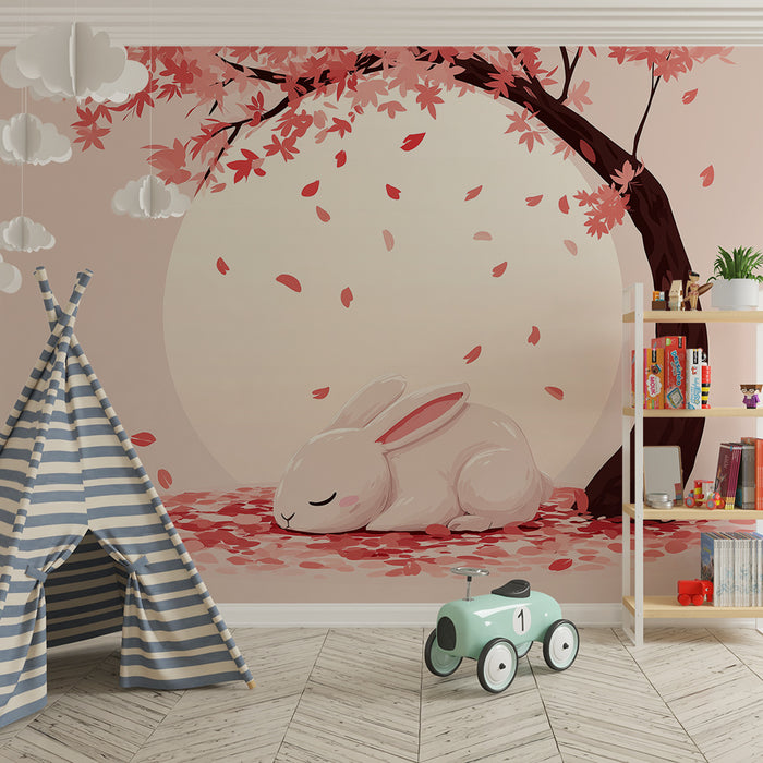 Papel pintado infantil | Conejo tranquilo bajo un cerezo en flor