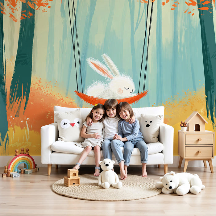 Papier peint chambre bébé | Lapin paisible sur une balançoire