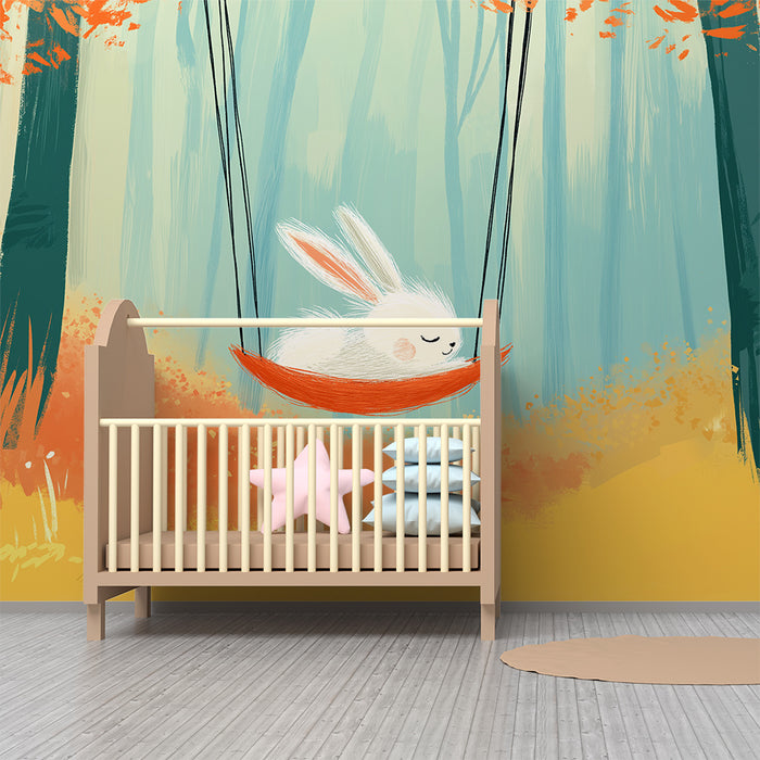 Papier peint chambre bébé | Lapin paisible sur une balançoire