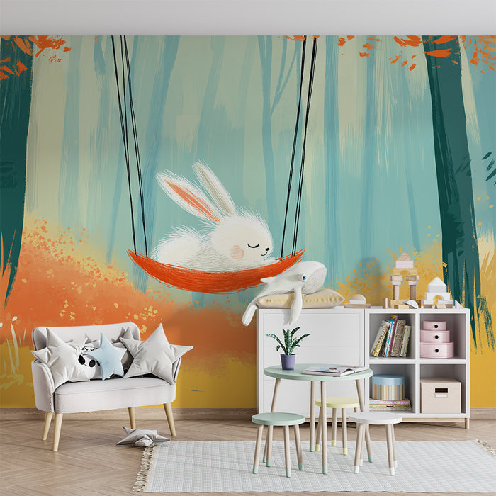 Papier peint chambre bébé | Lapin paisible sur une balançoire