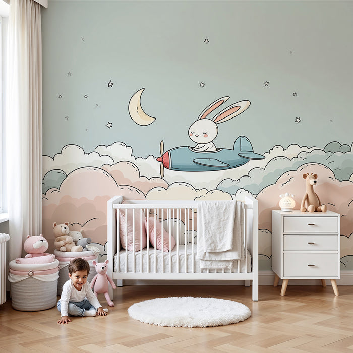 Carta da parati bambini | Coniglio pilota su una nuvola stellata