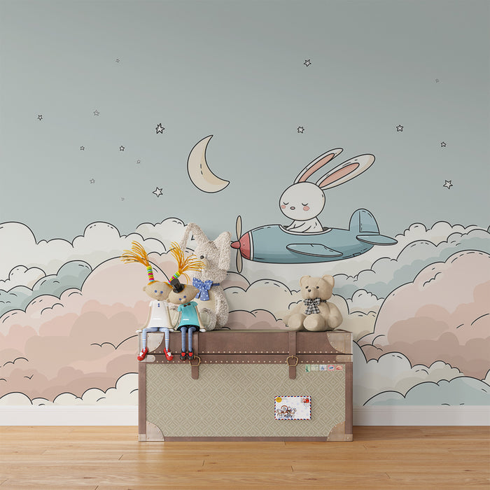 Carta da parati bambini | Coniglio pilota su una nuvola stellata