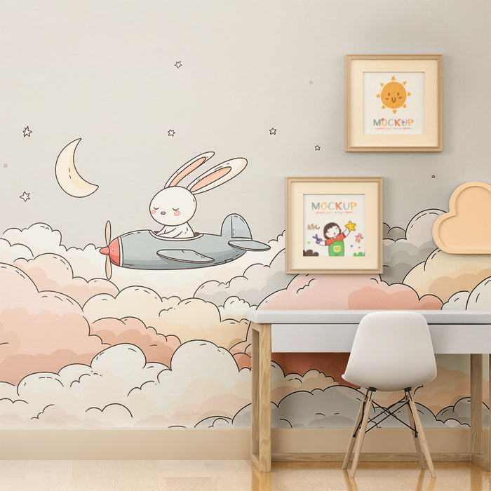 Carta da parati bambini | Coniglio pilota su una nuvola stellata
