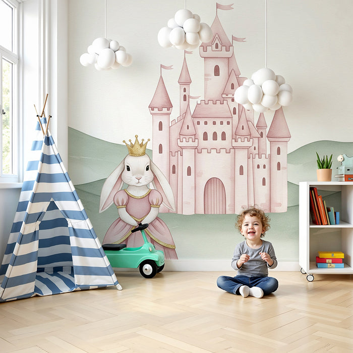 Papier peint chambre bébé | Lapin princesse et château féerique