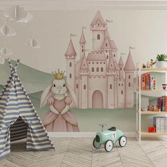 Papier peint chambre bébé | Lapin princesse et château féerique