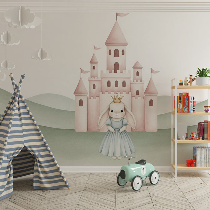 Papel de parede quarto bebê | Coelho princesa e castelo mágico em tons pastel
