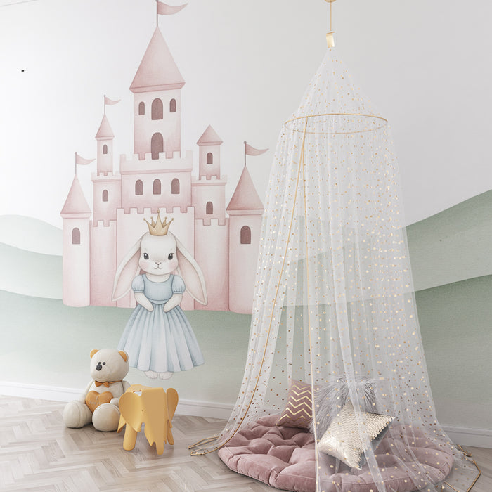 Papel de parede quarto bebê | Coelho princesa e castelo mágico em tons pastel