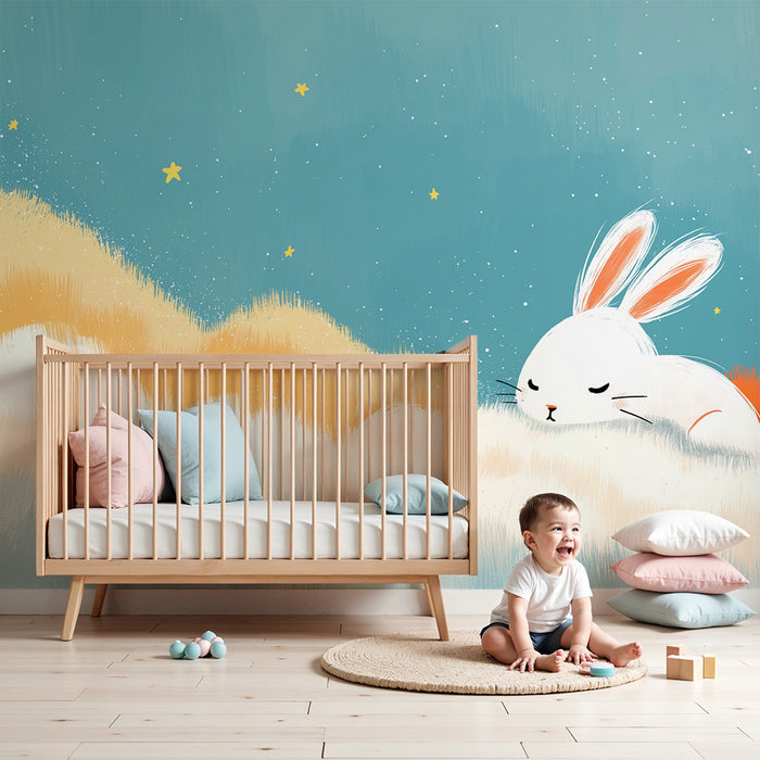 Carta da parati bambini | Coniglio sognante in mezzo alle nuvole
