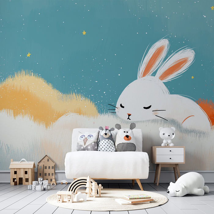 Carta da parati bambini | Coniglio sognante in mezzo alle nuvole